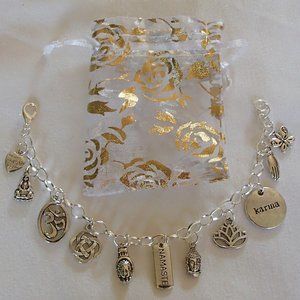 Buddha Namaste Theme Charm Bracelet Handcrafted + Organza Roses Gift Bag